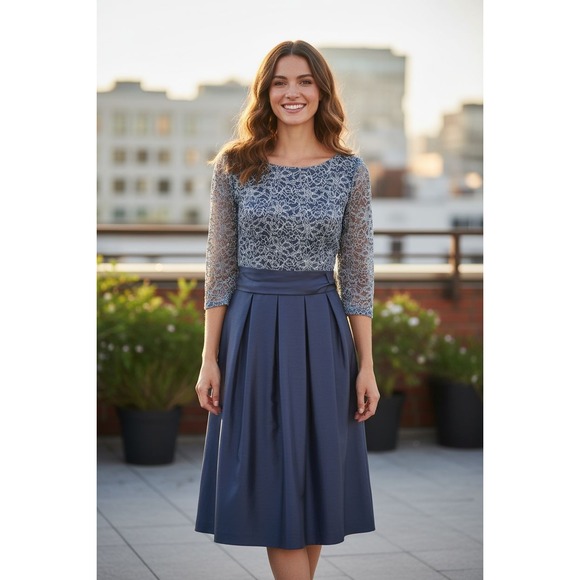 Jessica Howard Dresses & Skirts - Jessica Howard Women's 18W Gray Lace Bodice Midi Dress Pleated Skirt 3/4 Sleeve
